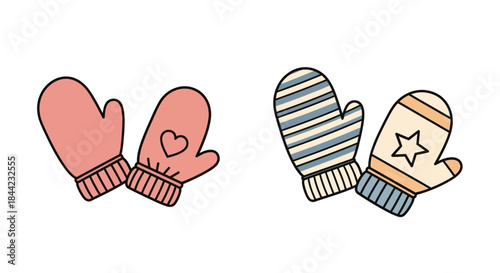 Four mittens are depicted two pink one with a heart  two patterned stripes  star