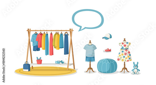Illustrated scene displays kids clothing on a rack mannequin  floor with a blank speech bubble above