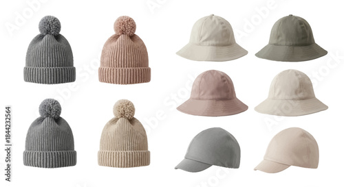 Hats Knit beanies with pompoms brimmed bucket hats and caps displayed on a white background