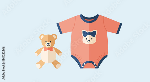 Illustration of a pink baby onesie with a teddy bear graphic next to a teddy bear toy against a light blue background