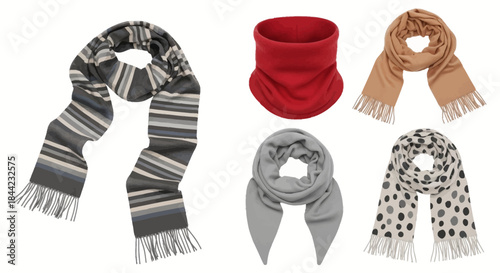 Illustration of assorted scarves striped red neck warmer beige gray  polka dot All have distinct shapes and styles