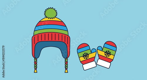 Illustration of a colorful winter hat and mittens featuring stripes and snowflake details