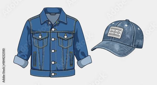 Illustration of a blue denim jacket and a blue baseball cap with a pattern on the front