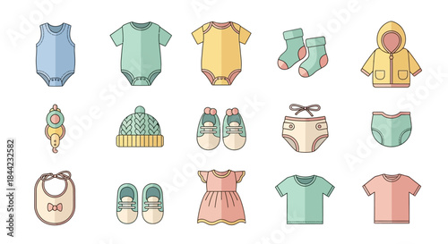 Illustration of baby clothing and accessories including onesies socks shoes a bib a hat a toy and outerwear