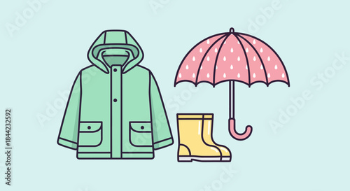 Illustration of raincoat umbrella and rain boots against a blue backdrop
