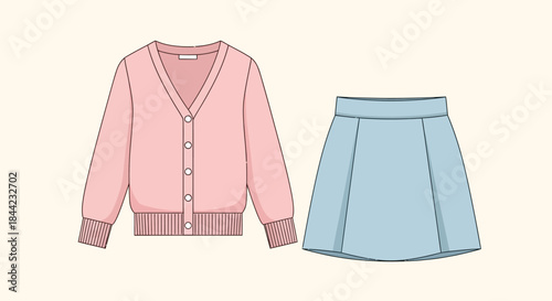 Pink cardigan and light blue skirt sit against a cream backdrop