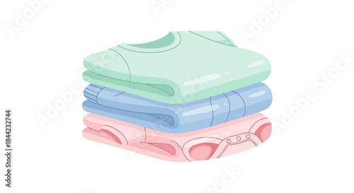 Stack of folded baby clothes in pastel shades including a pink bodysuit at the bottom