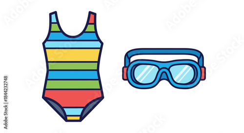 Swimsuit with goggles swimsuit is striped yellow blue green  red the goggles are blue with red accents