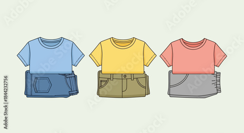 Three shirts atop trousers a blue tee with jeans a yellow tee with tan pants and a pink tee with grey sweats