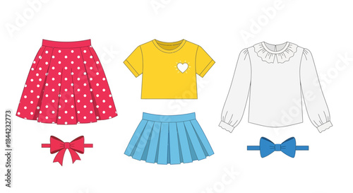 Three sets of clothing with a skirt top  bow tie red skirt with white polka dots yellow top with heart blue pleated skirt