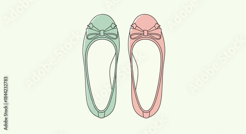 Two ballet flats one light green one pink are positioned sidebyside on a light background