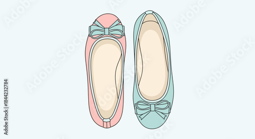 Two ballet flats one pink with a blue bow the other blue with a blue bow are shown sidebyside on a light blue background