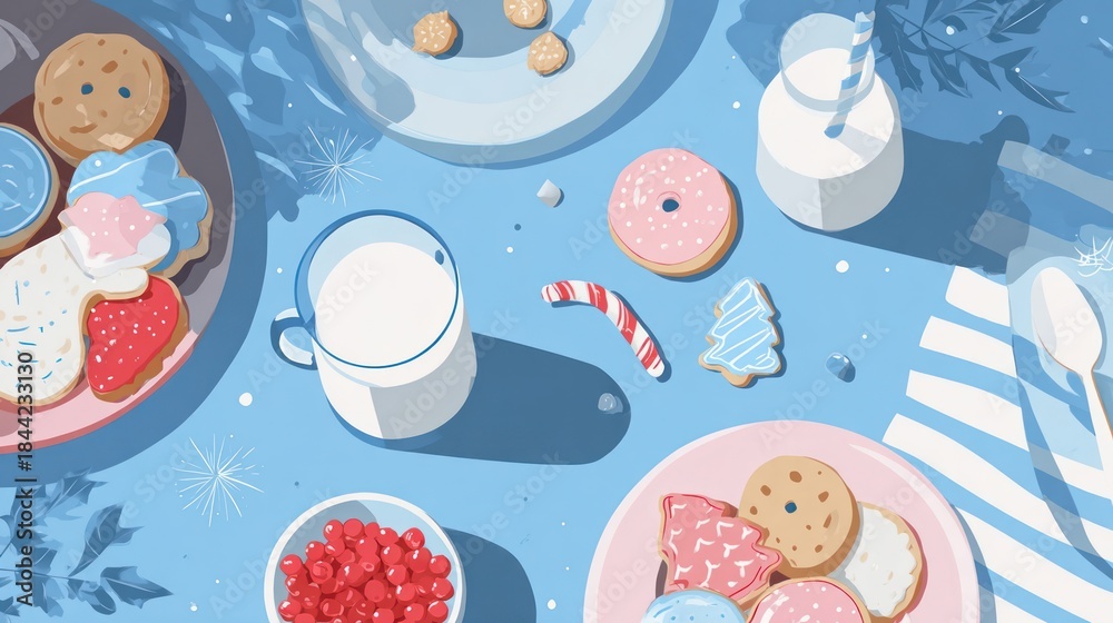 Fototapeta premium Christmas cookies and milk, flat design cozy home scene with complementary color scheme, top view