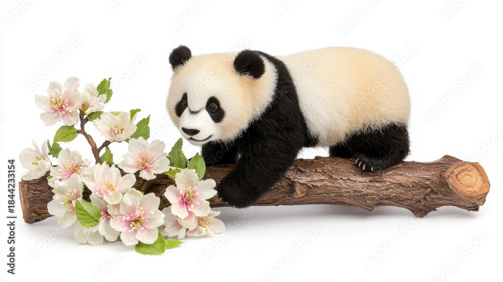 Obraz premium cute panda sits on a log surrounded by delicate cherry blossoms, showcasing its playful nature and the beauty of nature.
