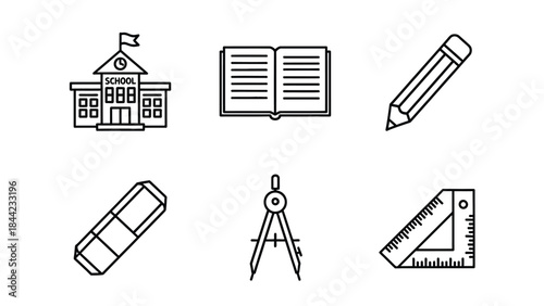 Set of six black line icons representing school supplies and education concepts