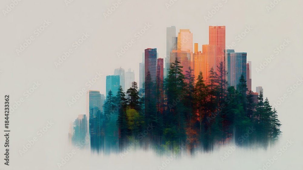 Obraz premium A surreal blend of towering skyscrapers and lush forests, illustrating the harmony between urban life and nature.