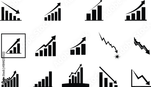 Various black silhouette charts and graphs showing market trends