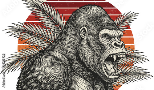 Intense woodcut illustration of an angry, roaring silverback gorilla or ape with bared teeth, framed by tropical palm leaves and a stylized retro striped sunset.