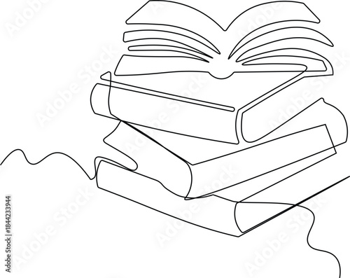 Continuous line drawing of stack of books with an opened book resting on the top. Minimalist art style. Stack of books on a white background. Vector illustration