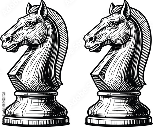 Detailed black-and-white woodcut illustration set of two traditional chess knight pieces on a pedestal base, symbolizing strategy, intelligence, and classic board games.