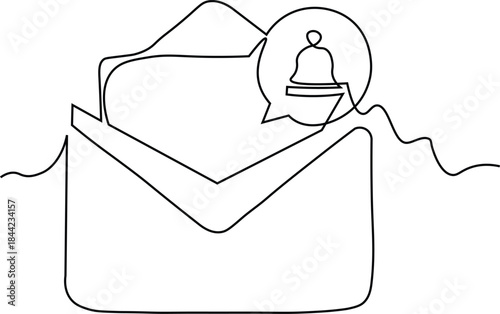 Continuous line drawing of two envelops with a notification bell icon. Message notification line art icon. Mail envelop hand drawn outline. Mail envelop with bell icon in a speech bubble on white bg. 