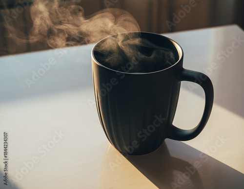 Hot black coffee mug on a brown wooden table with a white saucer for a morning breakfast drink