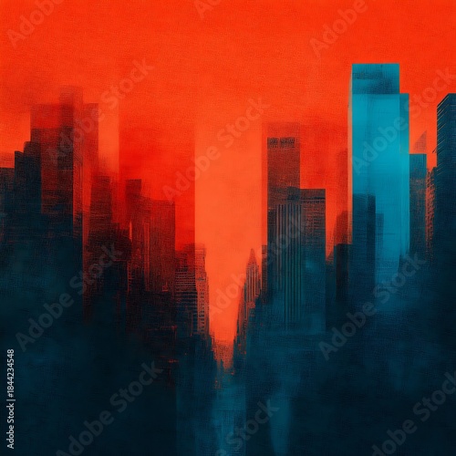 A vibrant, abstract cityscape featuring dark silhouettes of buildings against a striking red and blue gradient background.