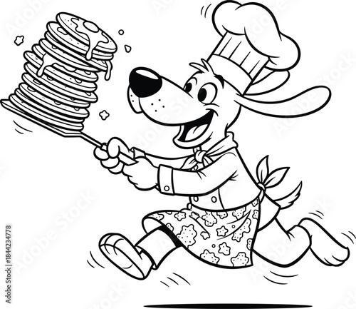 Happy cartoon dog chef wearing an apron and toque, running with a spatula balancing a ridiculously high stack of pancakes drizzled with syrup in a fun vector.