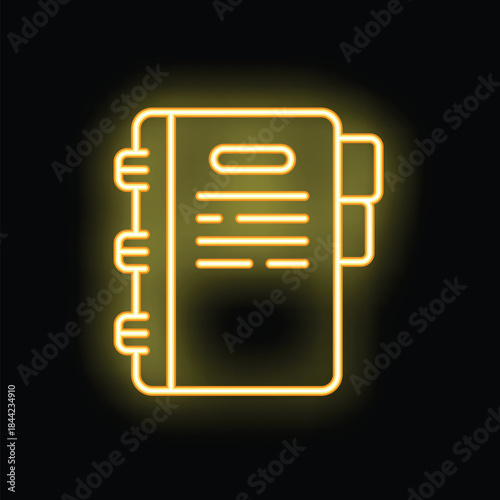 Yellow neon icon of a personal agenda showing meeting notes is glowing on a black background