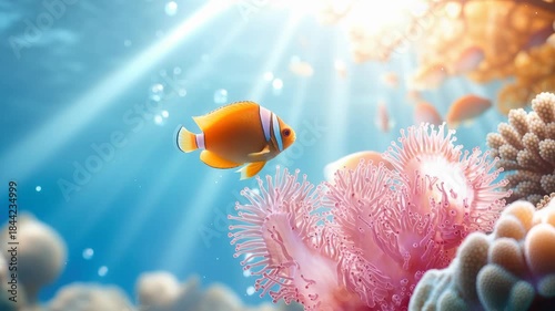 Peaceful clownfish swimming in vibrant coral reef. Beautiful underwater sea life scene near pink anemone in sunlight