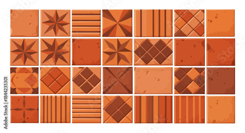 Reddishbrown square tiles arranged in grid showcasing various patterns and textures