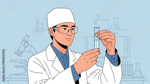 Scientist in lab coat holding test tube conducting research with microscope and equipment modern flat illustration for science and