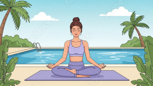 Woman meditating in lotus pose by a swimming pool serene outdoor yoga practice with palm trees healthy lifestyle concept