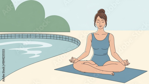 Woman meditating in lotus pose by a swimming pool practicing yoga for relaxation and wellness flat illustration style