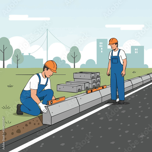 road construction workers laying curbstone.