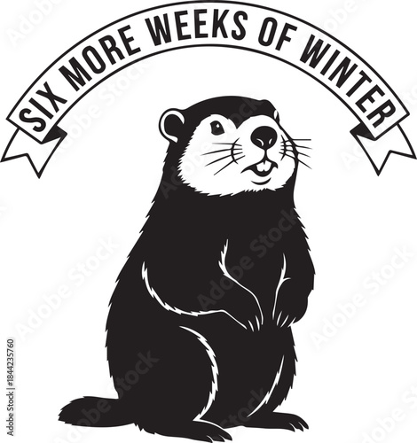 Groundhog predicts six more weeks of winter with black and white illustration