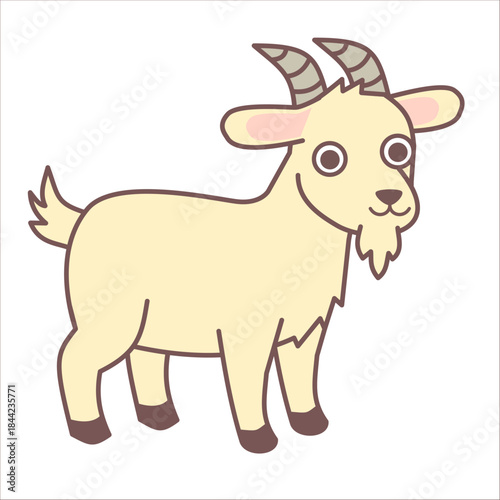 Cute goat with horn cartoon isolated on white background.Character or mascot.Domestic farm animal.Sign, symbol, icon and logo.Wildlife and zoo.Clipart.Graphic.Flat design.Vector illustration.