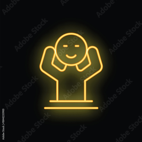 Yellow neon sign icon of a man relaxing with his hands behind his head, on a black background