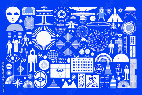 Abstract blue collage featuring alien figures ufos and geometric shapes