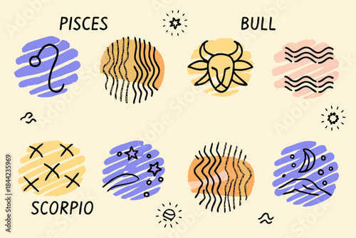 Zodiac signs illustration pisces bull scorpio and other astrological symbols