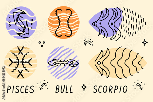 Stylized illustrations of fish and zodiac signs pisces bull and scorpio