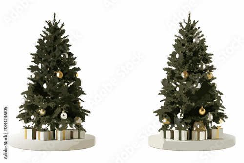 Two elegantly decorated christmas trees with gifts stand on white platforms