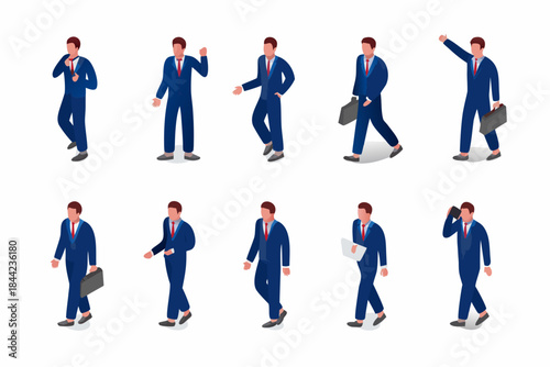 Isometric businessmen set various poses depicting professional conduct and modern style