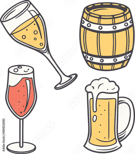 Collection of alcoholic beverages and barrel illustration