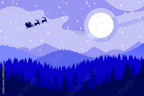 Santa s sleigh flies across a winter night sky with a bright moon