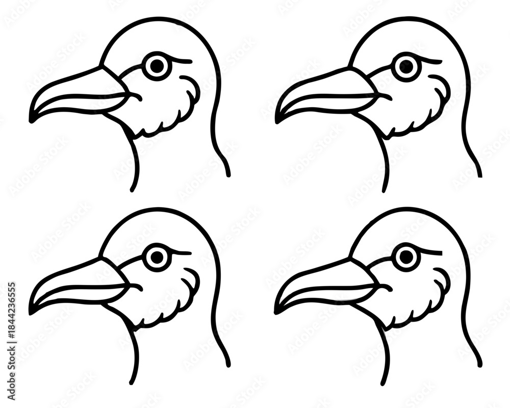 Fototapeta premium Four simple line drawings depicting the heads of toucans in a grid format