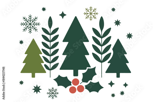 Christmas Pine Trees and Holly Berries Vector Illustration