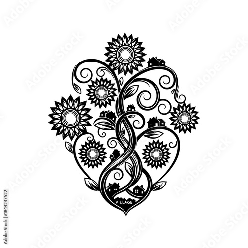 Decorative heart emblem with stylized village, blooming sunflowers, and intricate swirling vines in monochrome