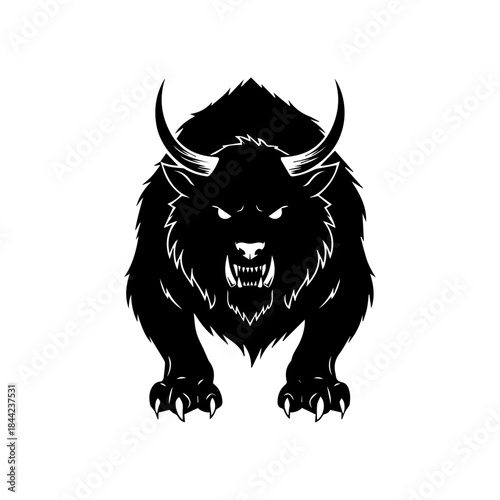 Fierce Black Bull Illustration with Aggressive Stance and Sharp Horns