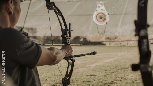 Archer aiming at target with bow and arrow in outdoor setting.